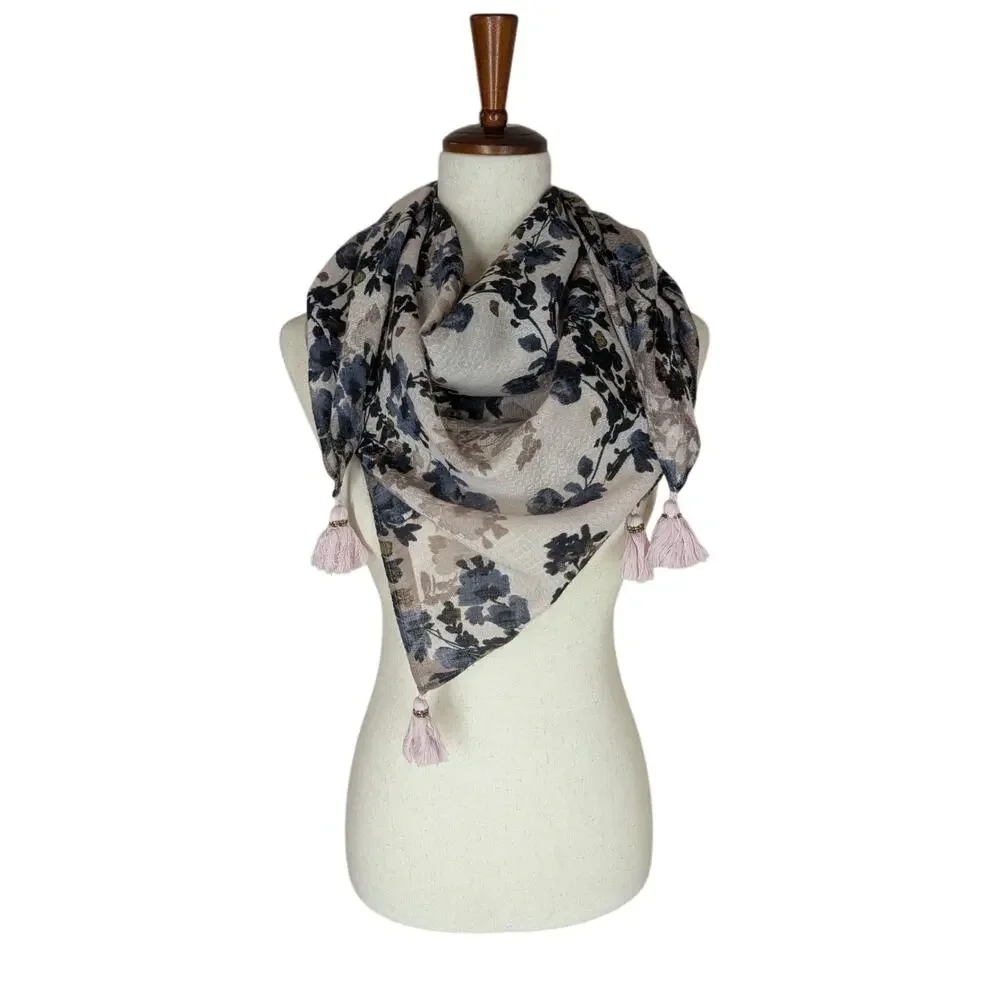 J. Jill Pure Jill Taupe Purple Floral Lightweight Rectangle Tassel Scarf 39x40